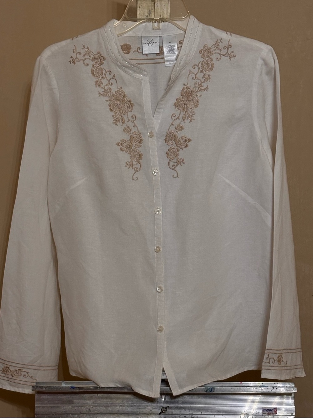 Emma James White Linen Blend Button-Front Tunic w/ Beige Floral Embroidery Sz12